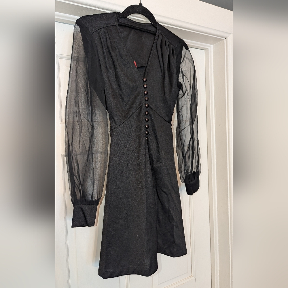 Vtg Mid Century Goth Dress 60s 70s Mod Black Xs - Picture 2 of 10